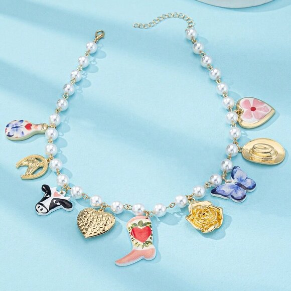 Multicolor Casual Women's Faux Pearl Beaded Western Charm Necklace - Picture 2 of 3